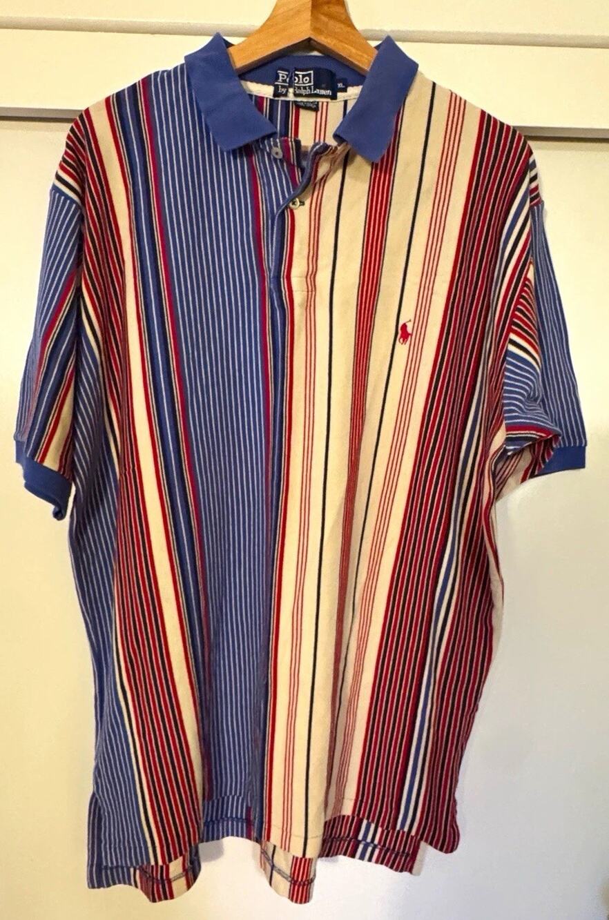 Polo Ralph Lauren Men's XL Blue/White/Red Striped Cotton Short Sleeve Polo